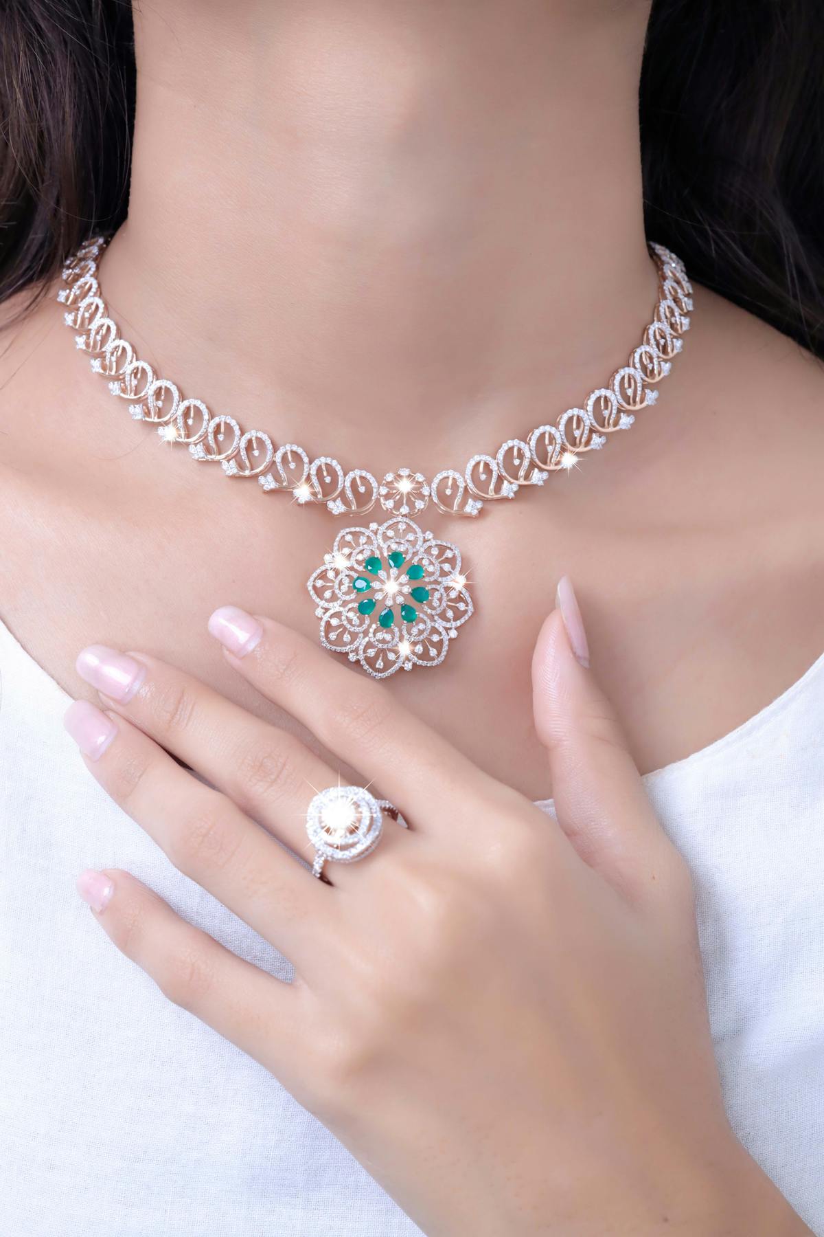 Diamond and gold jewellery — necklaces, rings, nose pins and balis